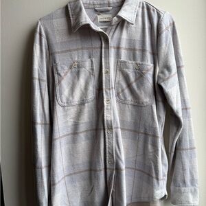 Beige and Light Gray Plaid Long-Sleeve Button-Up Shirt